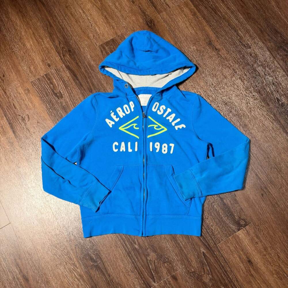 Essential Vintage Aeropostale Zip-Up Hoodie Size S Blue Cali Graphic Sweatshirt